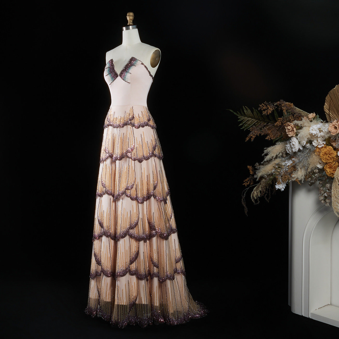 Tiered Crystal-Embellished Gown with Scalloped Petal Layers