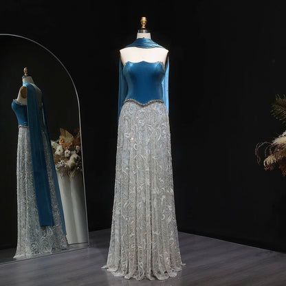 Gown with Velvet Corset & Flowing Scarf Drape