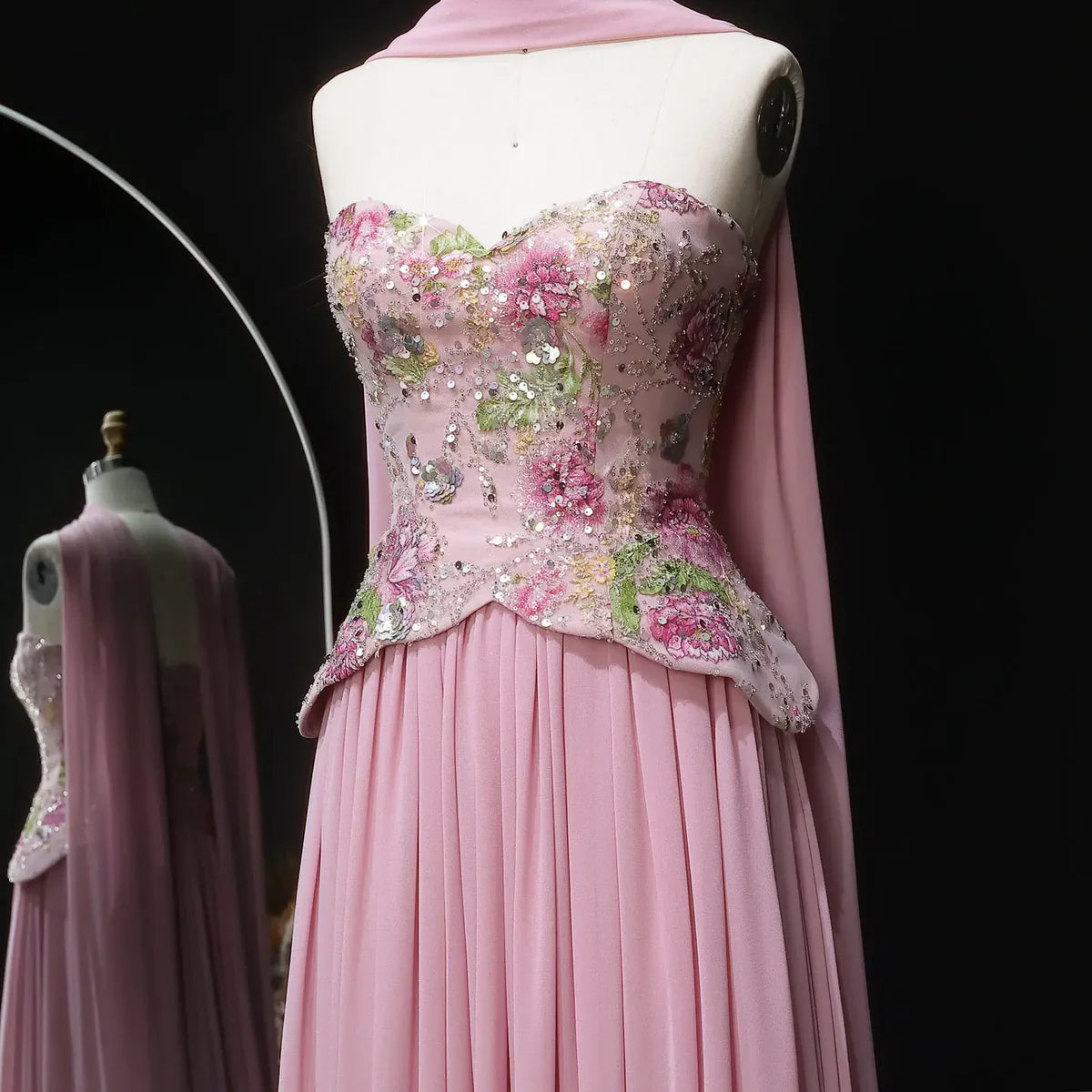 Luxury Form-Fitting Gown with Draped Scarf Train and Crystal-Floral Bodice