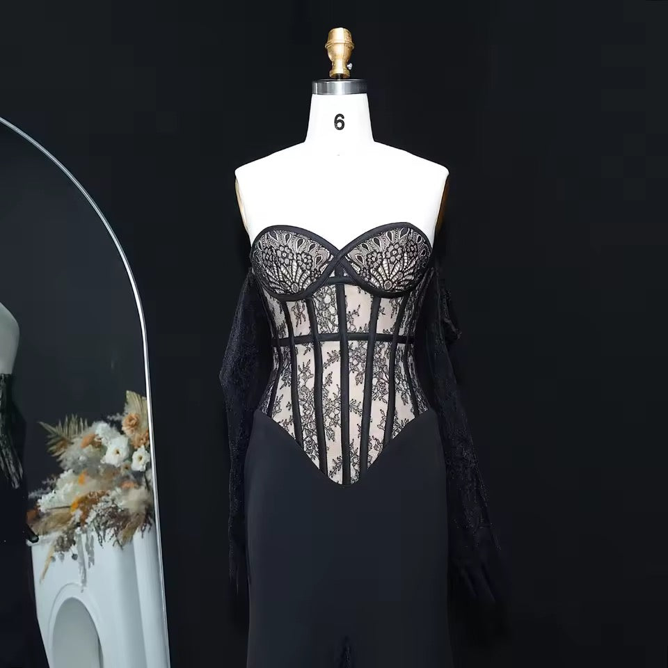 Corset Gown with Sheer Bodice and Draped Lace Gloves