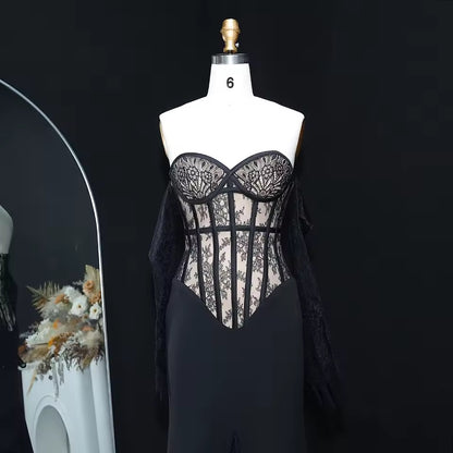 Corset Gown with Sheer Bodice and Draped Lace Gloves