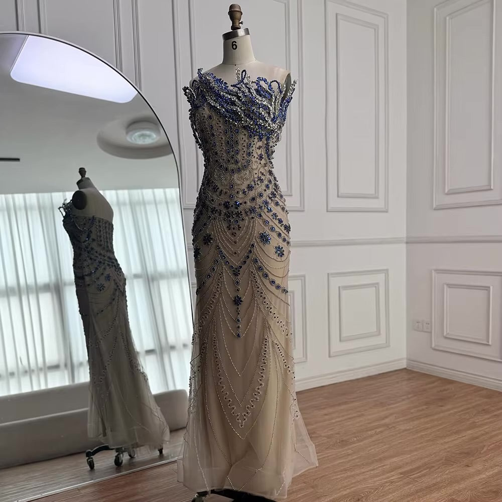 Luxury Gown with Royal Blue Crystal Embroidery