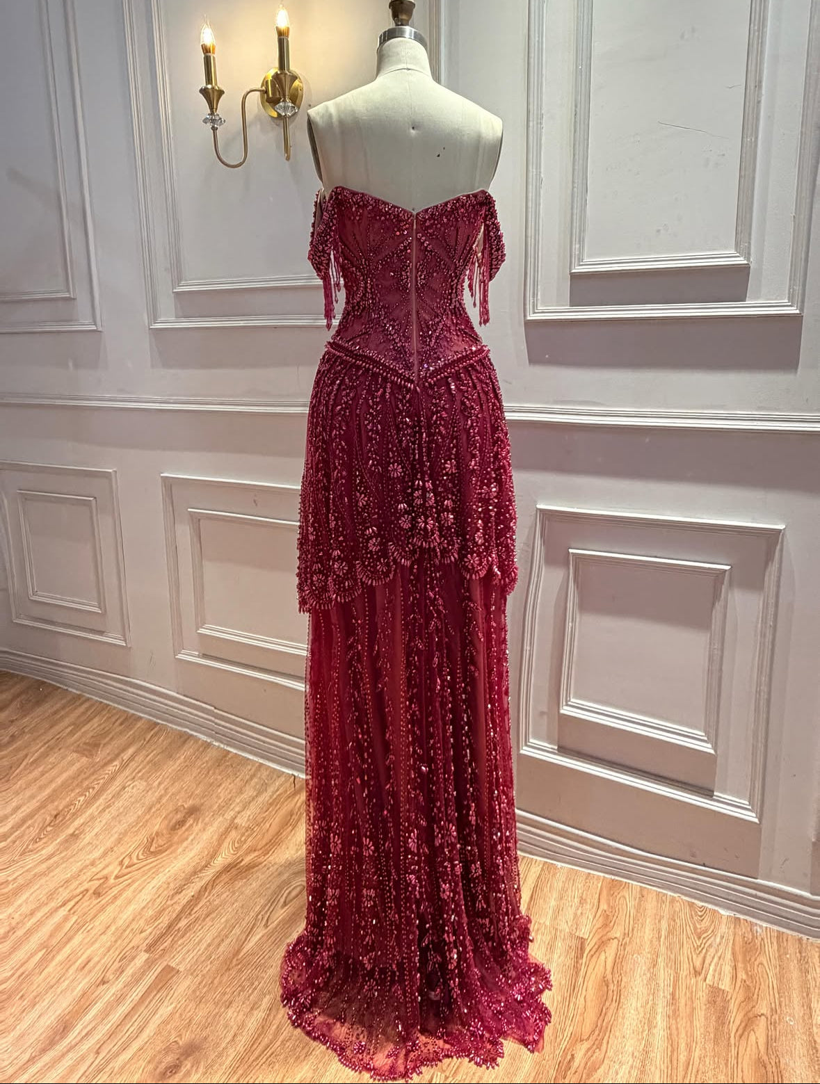 Burgundy Fully Beaded Off-The-Shoulder Gown with Fringe Detail