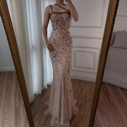 “Cherry Sparkle” Gown Red Crystal Beaded One-Shoulder Design