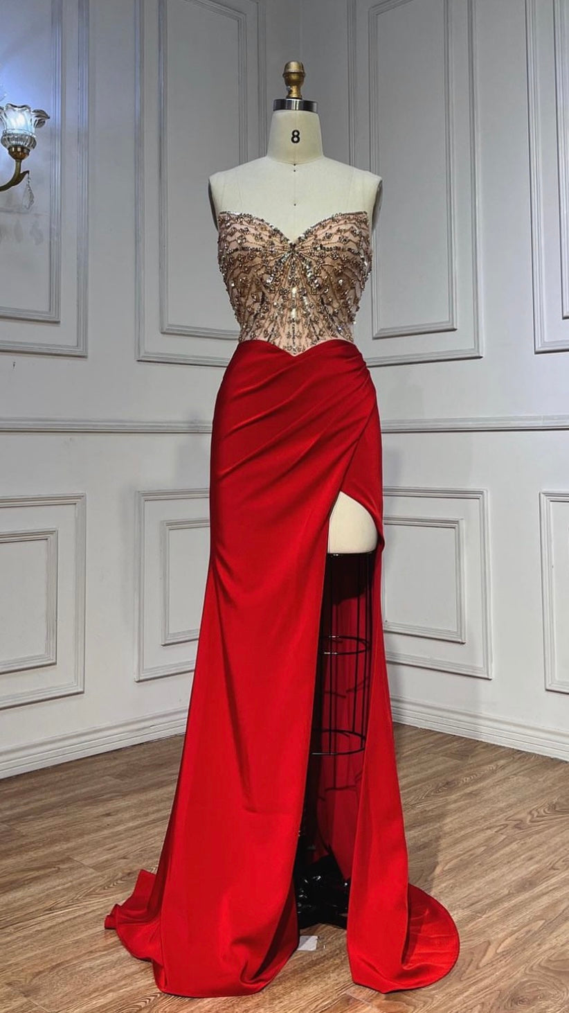 Elegant High Split Satin Strapless Gowns Beaded dress