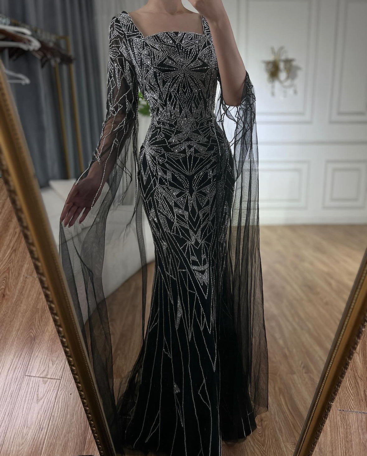 Black Dress Embroidery Silver