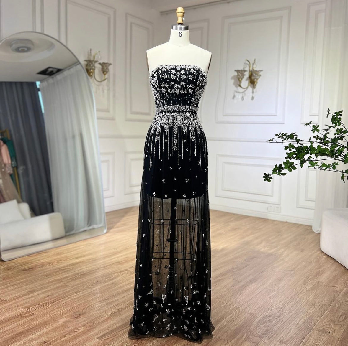 Black Puff Sleeves Evening Dress Gowns Beaded