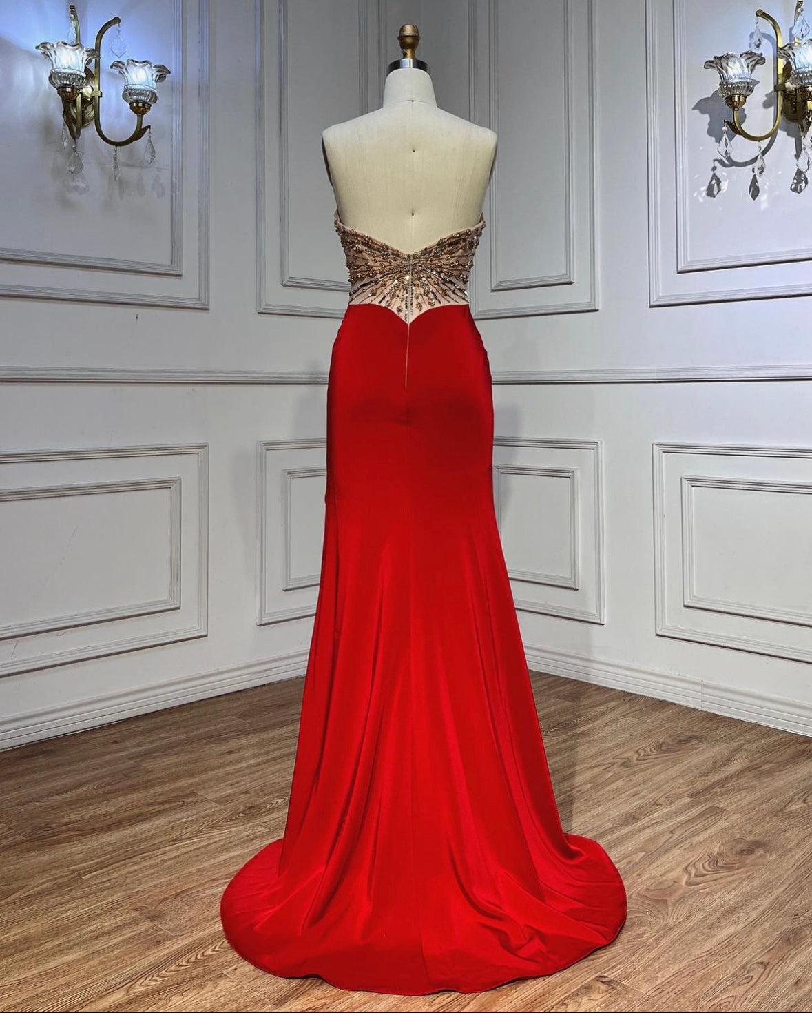 Elegant High Split Satin Strapless Gowns Beaded dress