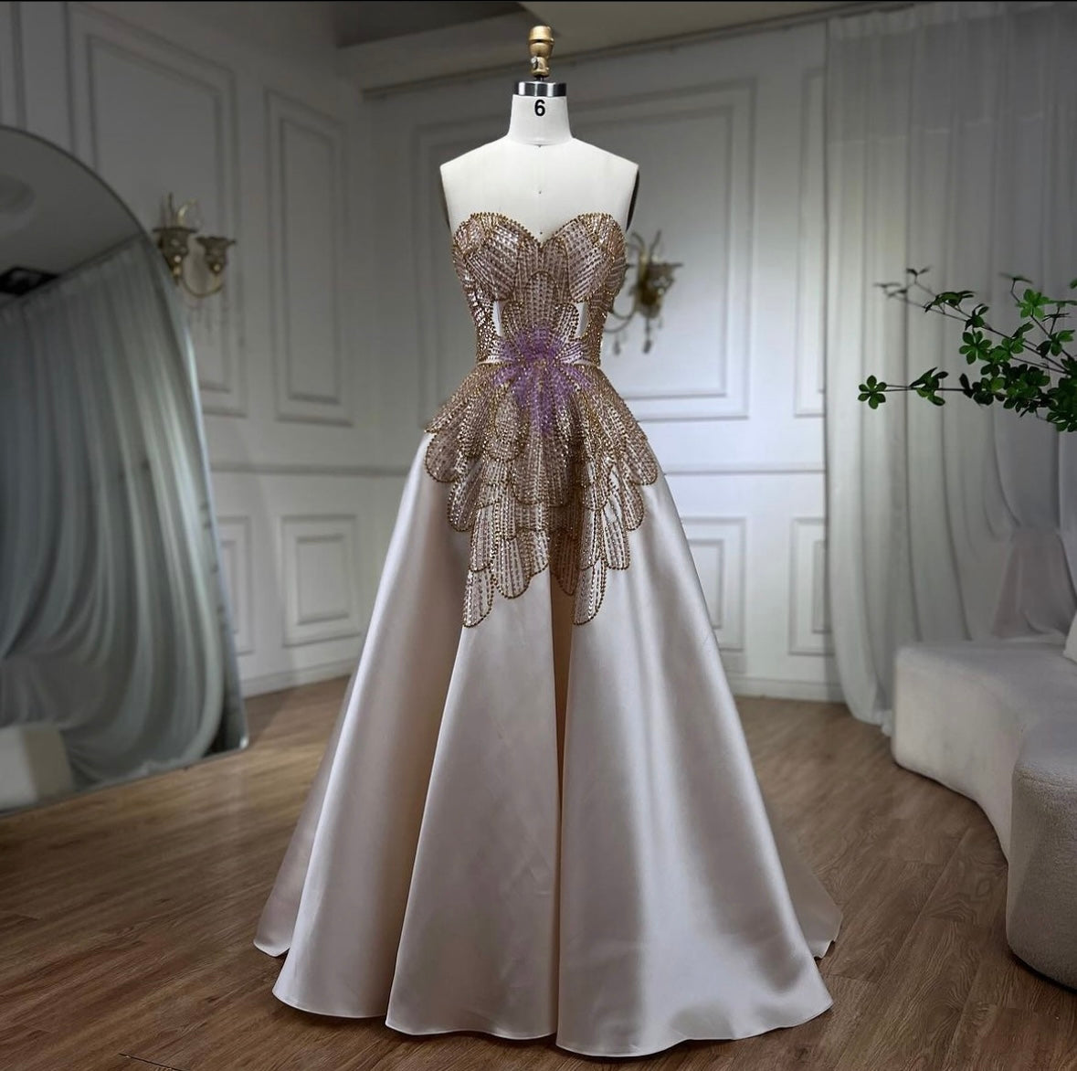 Crystal satin evening dress