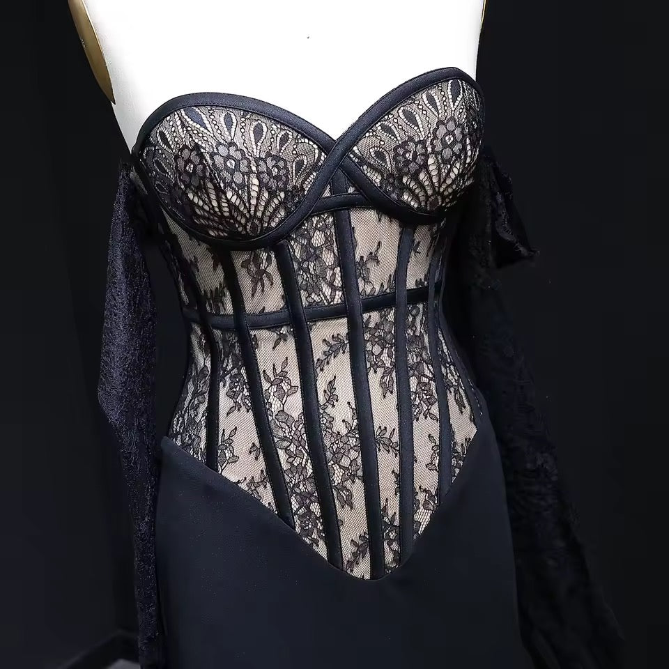 Corset Gown with Sheer Bodice and Draped Lace Gloves