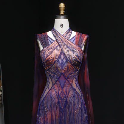 “Sunset Glow” Gown Hand Embroidered Luxury Dress in Violet & Fire Tones with Flowing Cape