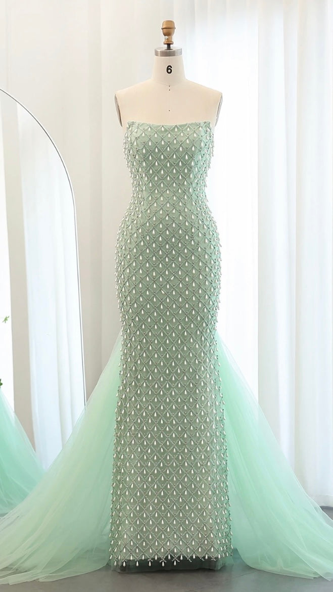 Luxury Crystal Pearls Mermaid Sage Green Evening Dress