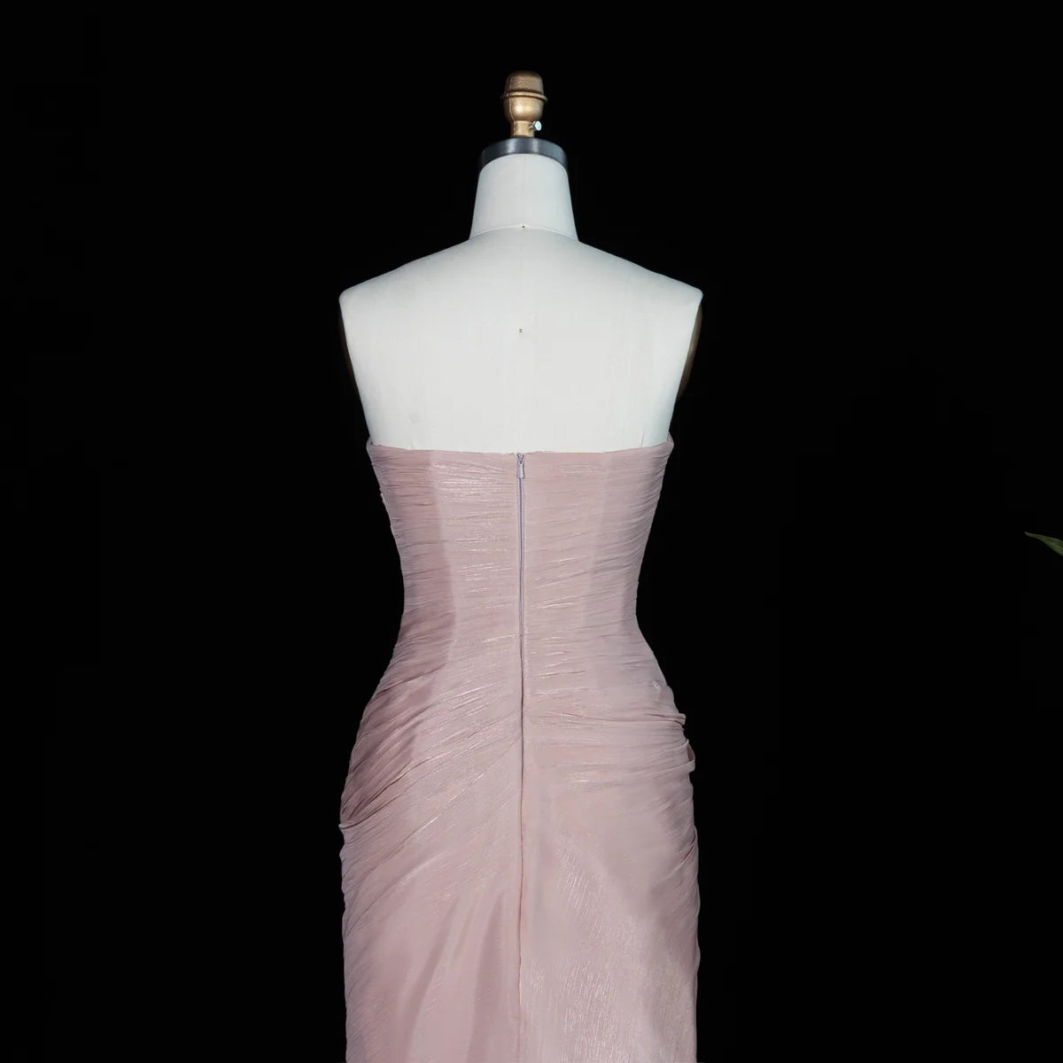 Blush Pink Strapless Shimmer Gown with Side Slit & Ruched Drapery