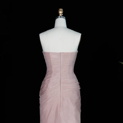 Blush Pink Strapless Shimmer Gown with Side Slit & Ruched Drapery