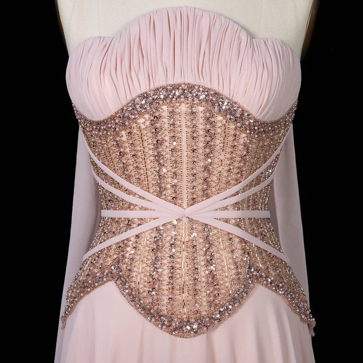 Luxury Strapless Gown with Ornate Corset-Style Waist and Dramatic Cape Scarves