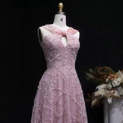 Elegant Dusty Rose Ombré Gown with Crystal Embroidery