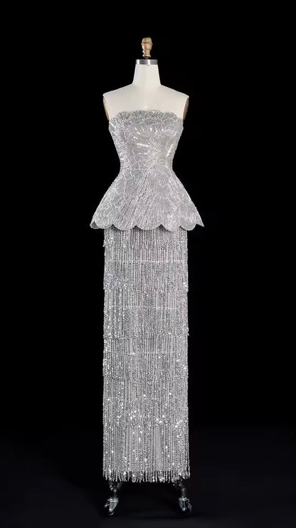 Silver Crystal-Embellished Peplum Fringe Gown