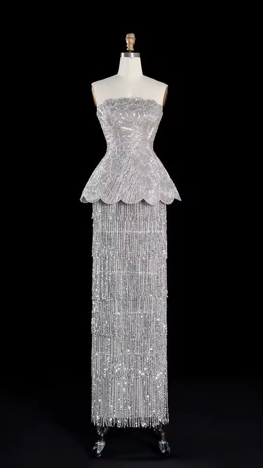 Silver Crystal-Embellished Peplum Fringe Gown