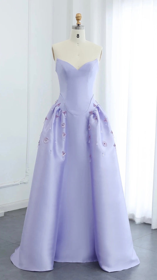 Luxury Pearls Stone Lilac Evening Dress A-Line Elegant