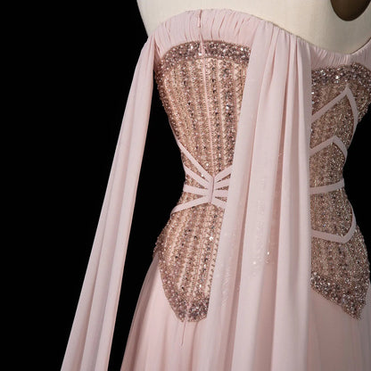 Luxury Strapless Gown with Ornate Corset-Style Waist and Dramatic Cape Scarves