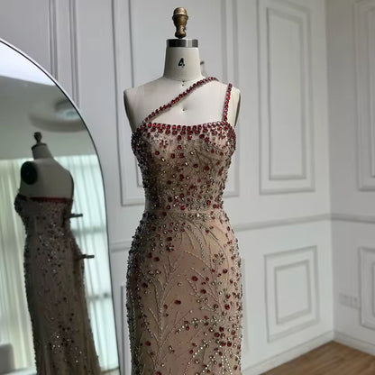 “Cherry Sparkle” Gown Red Crystal Beaded One-Shoulder Design