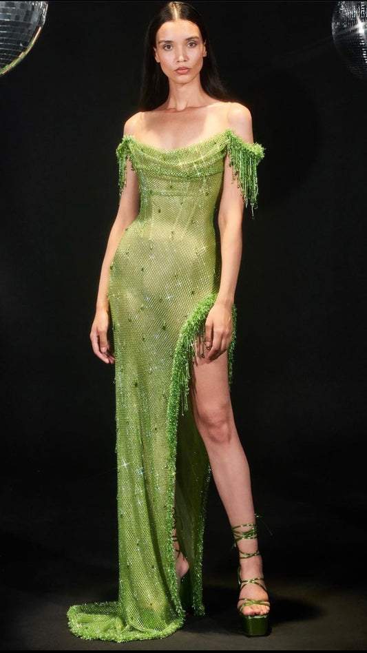 Luxury Crystal Sage Green Evening  High Slit Prom Dress