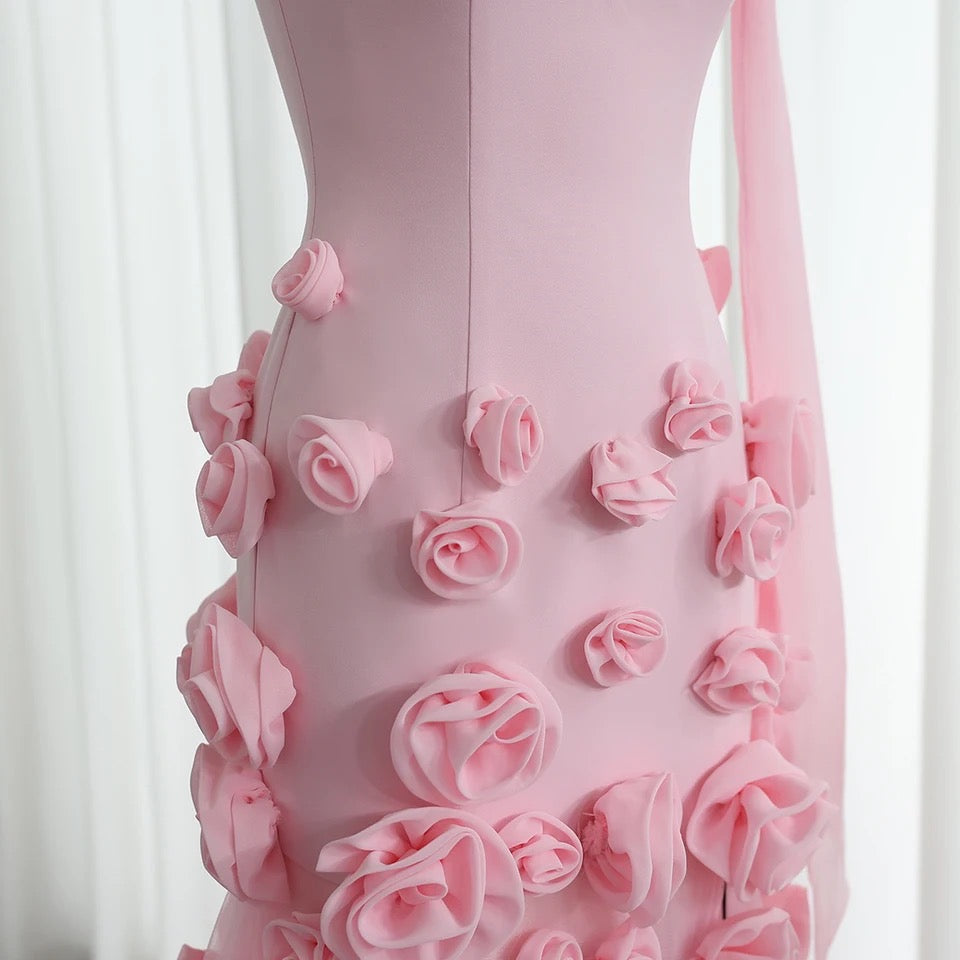 Baby Pink 3D Flowers Evening Dress