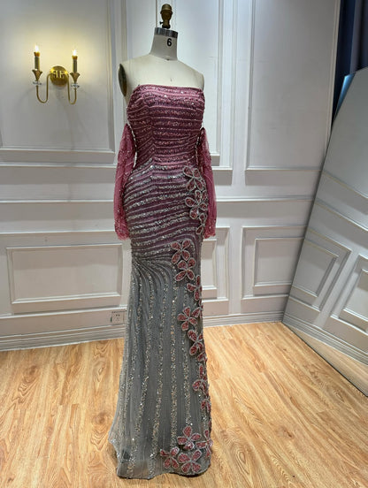 Two-Tone Crystal Strapless Gown with 3D Floral Appliqué