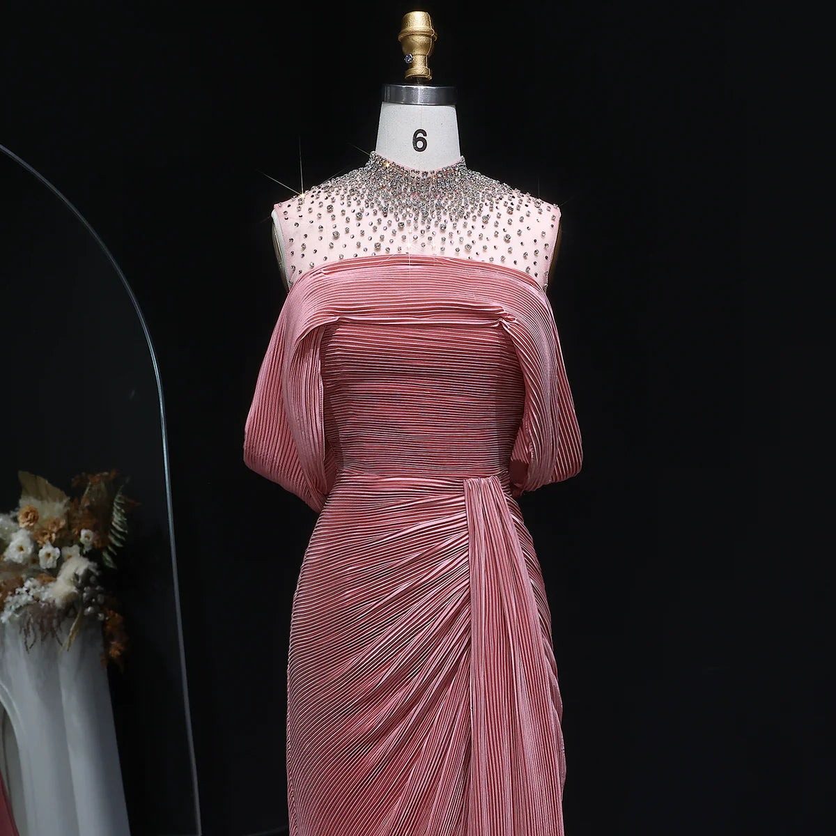 Crystal-Neckline Pleated Satin Gown