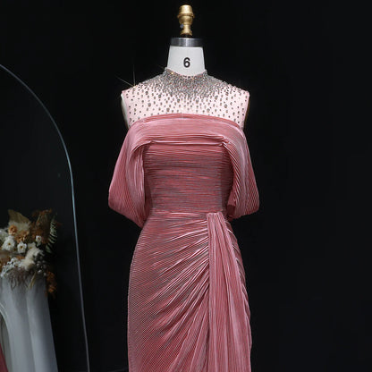 Crystal-Neckline Pleated Satin Gown