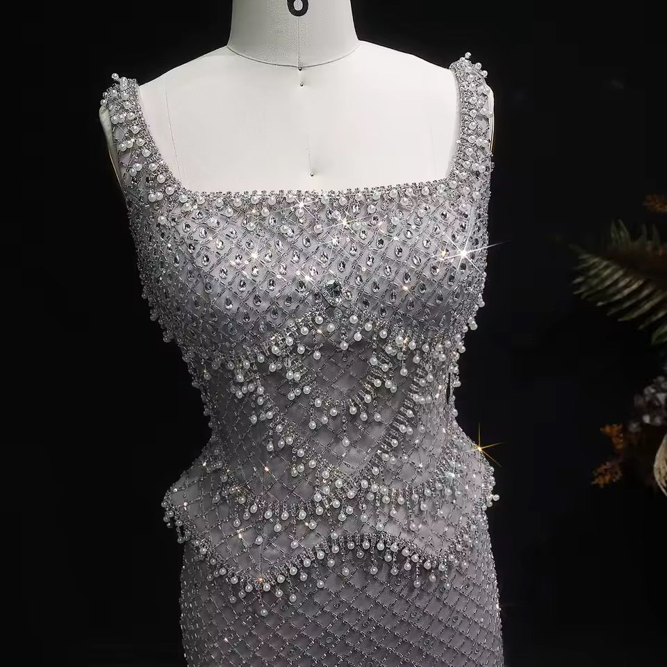 Luxury Beaded Crystal Long Straight Evening Dress