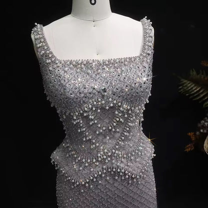 Luxury Beaded Crystal Long Straight Evening Dress