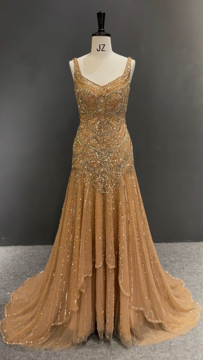 Hand-Embroidered Champagne Couture Gown