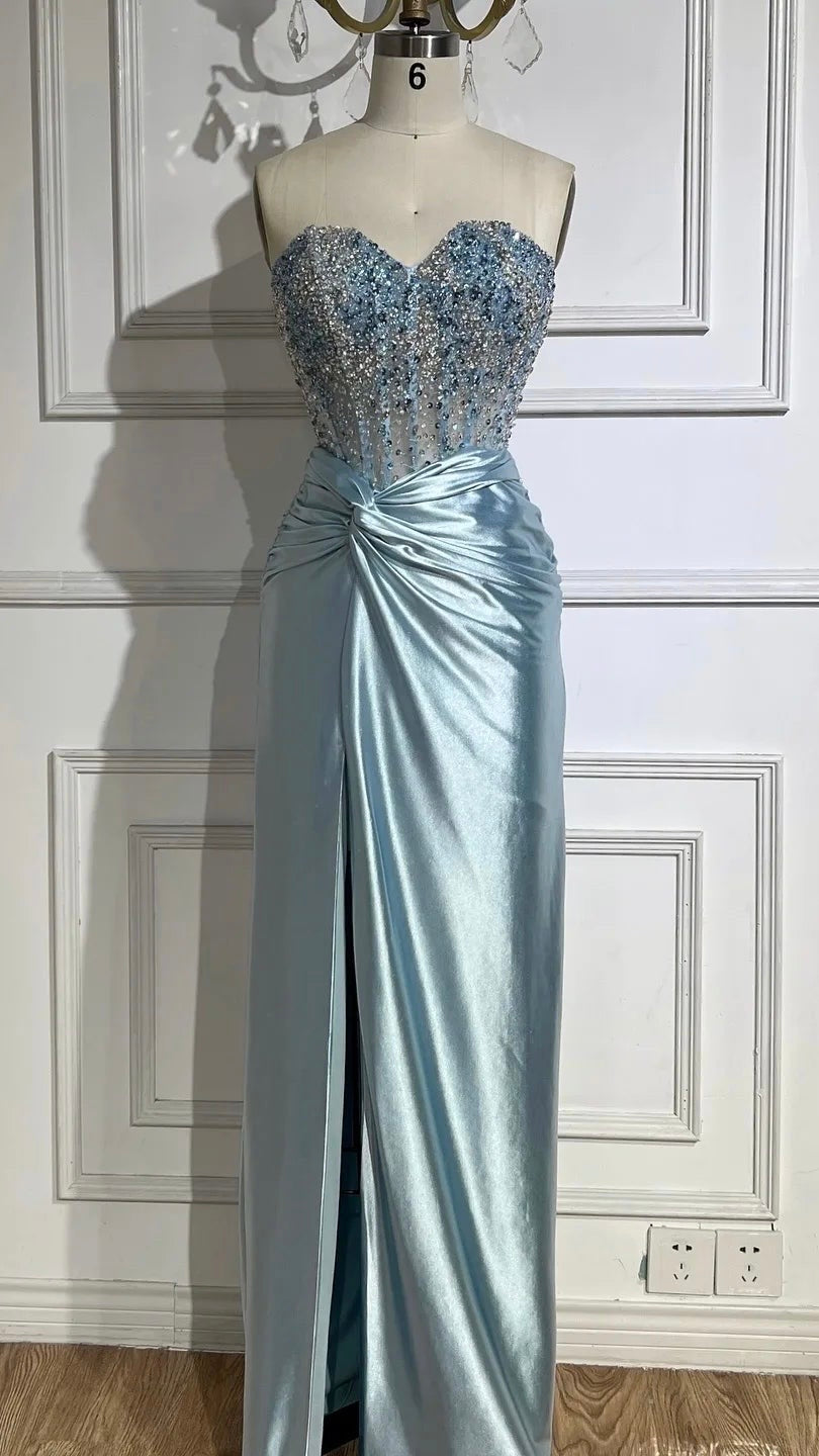 Blue Luxury Beaded Satin Mermaid Evening Dress