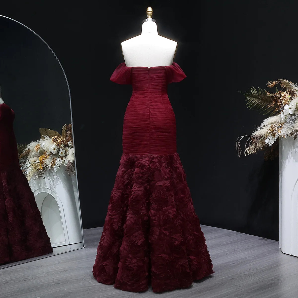 Burgundy Off-the-Shoulder Evening Gown with Ruched Bodice & 3D Rosettes