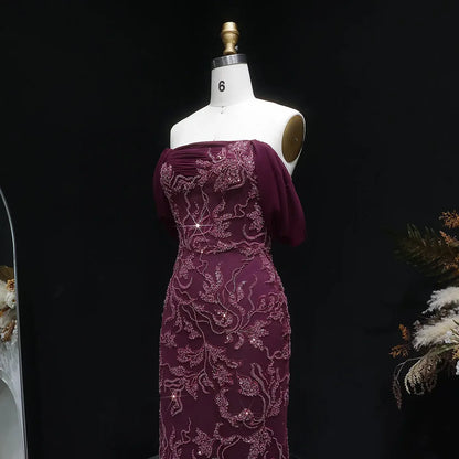 Burgundy "Orchid" Off-Shoulder Gown with Floral Crystal Embroidery and Satin Inset Train