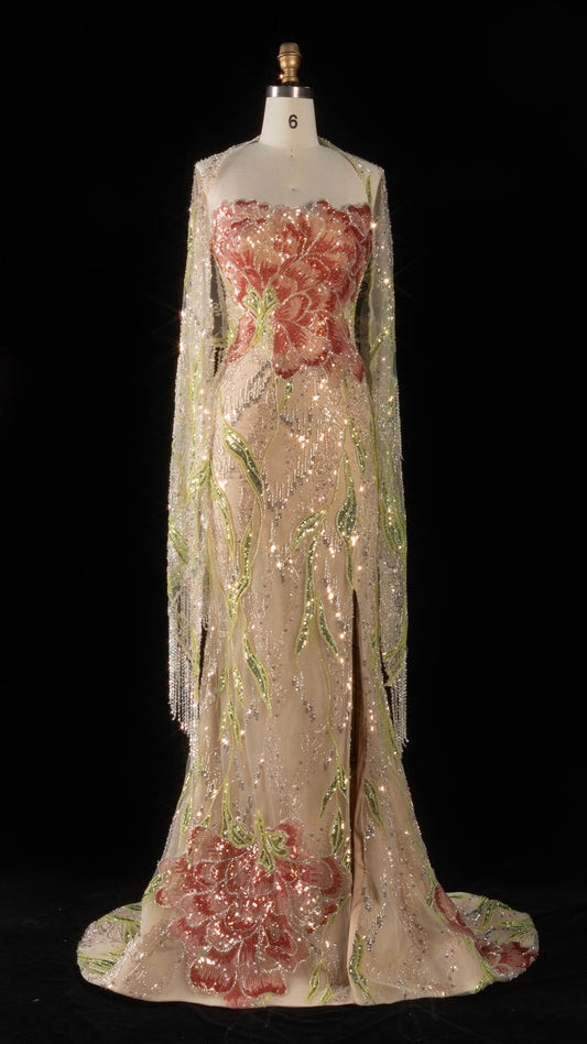 Floral Embroidered Crystal Gown with Fringed Cape Sleeves