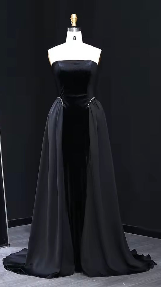 Velvet Strapless Gown with Draped Chiffon Panels and Crystal-Embellished Waist