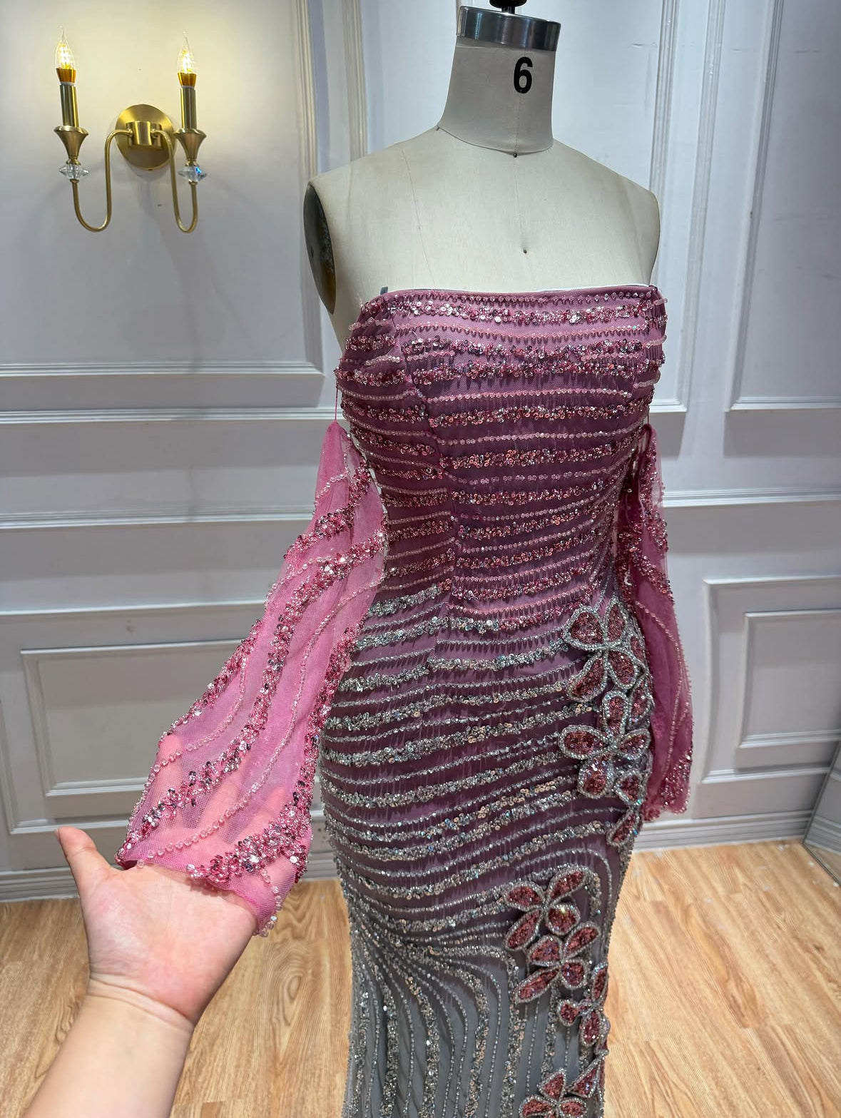 Two-Tone Crystal Strapless Gown with 3D Floral Appliqué