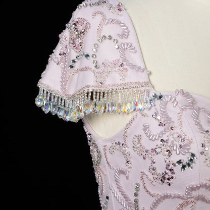 Royal Evening Gown with Cascading Crystal Beads and Floral Patterns