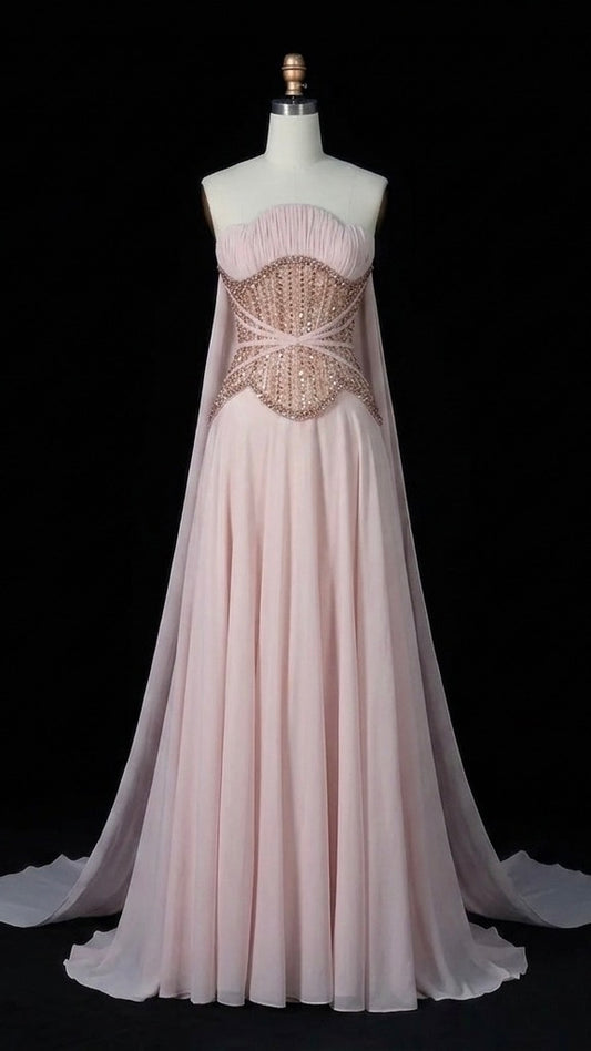 Luxury Strapless Gown with Ornate Corset-Style Waist and Dramatic Cape Scarves