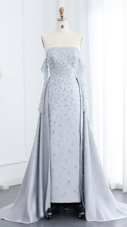 Silver Gray Luxury Evening Dress with Overskirt