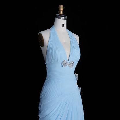 Light Blue Halter Chiffon Gown with Side Cut-outs & Crystal Bows