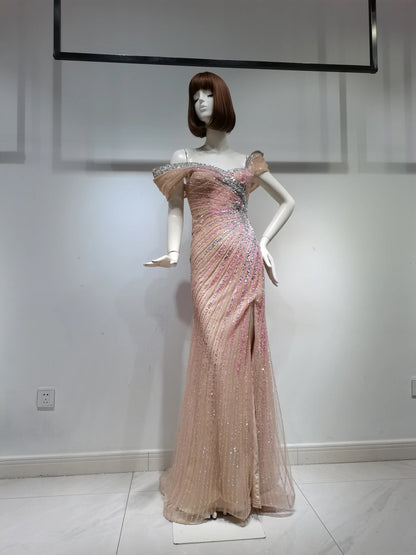 Emerald Enchantment Off-Shoulder Beaded Evening Gown