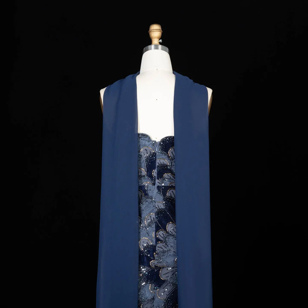 Elegant Strapless Dress with Scalloped Beadwork and Statement Cape
