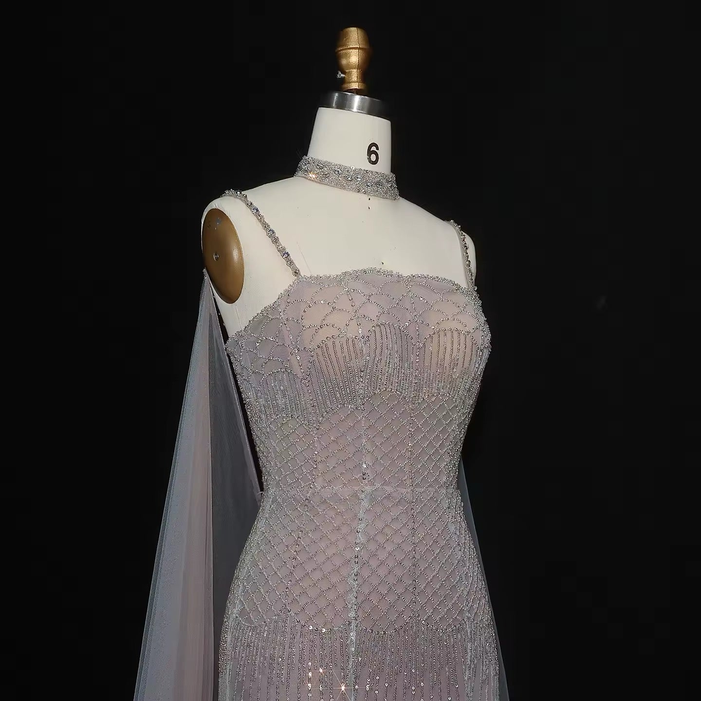 Elegant Beaded Lotus Pink Mermaid Evening Gown with Sheer Cape