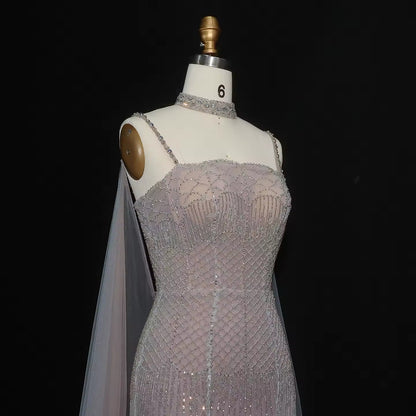 Elegant Beaded Lotus Pink Mermaid Evening Gown with Sheer Cape
