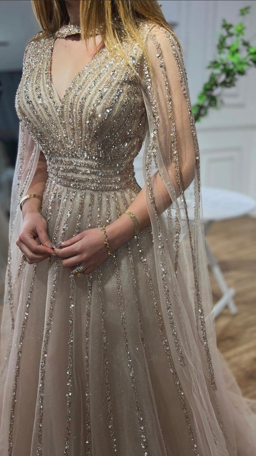 Elegant Cape Sleeves Beaded Evening Dress