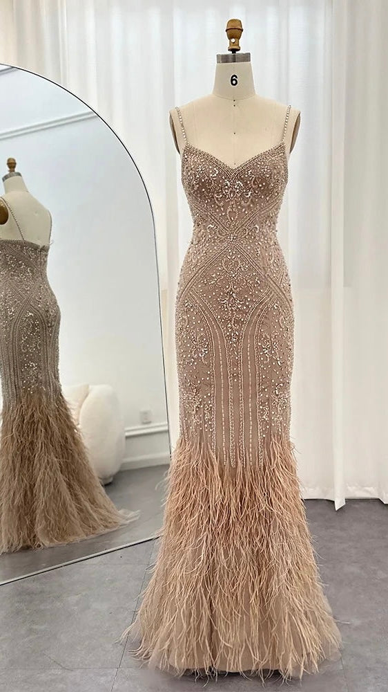 Luxury Feathers Champagne Evening Dress