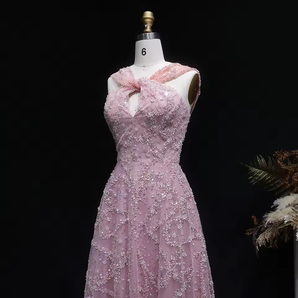 Elegant Dusty Rose Ombré Gown with Crystal Embroidery